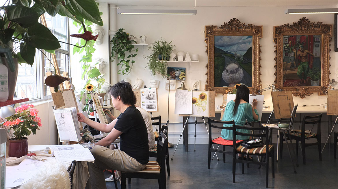 Art class with students painting